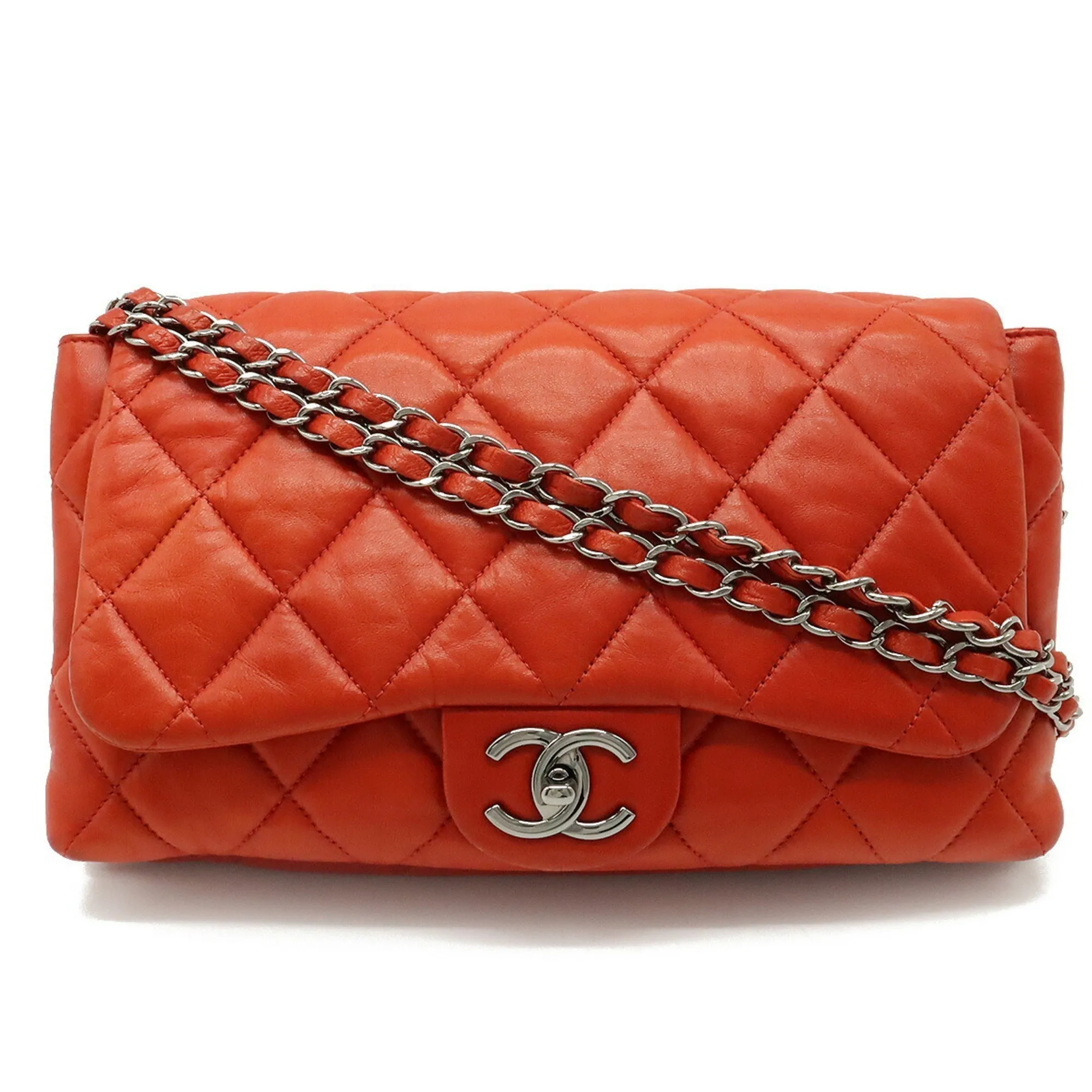 Chanel matelasse here mark chain shoulder Bag accordion leather blood orange