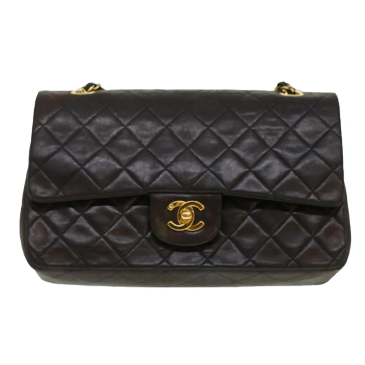 CHANEL Matelasse Turn Lock Chain Shoulder Bag Lamb Skin Black CC Auth am4540
