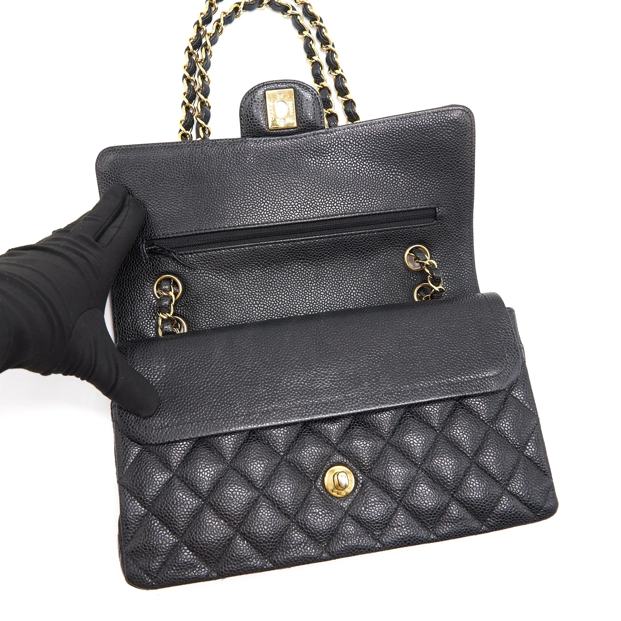 CHANEL MEDIUM CLASSIC DOUBLE FLAP CAVIER Black and gold
