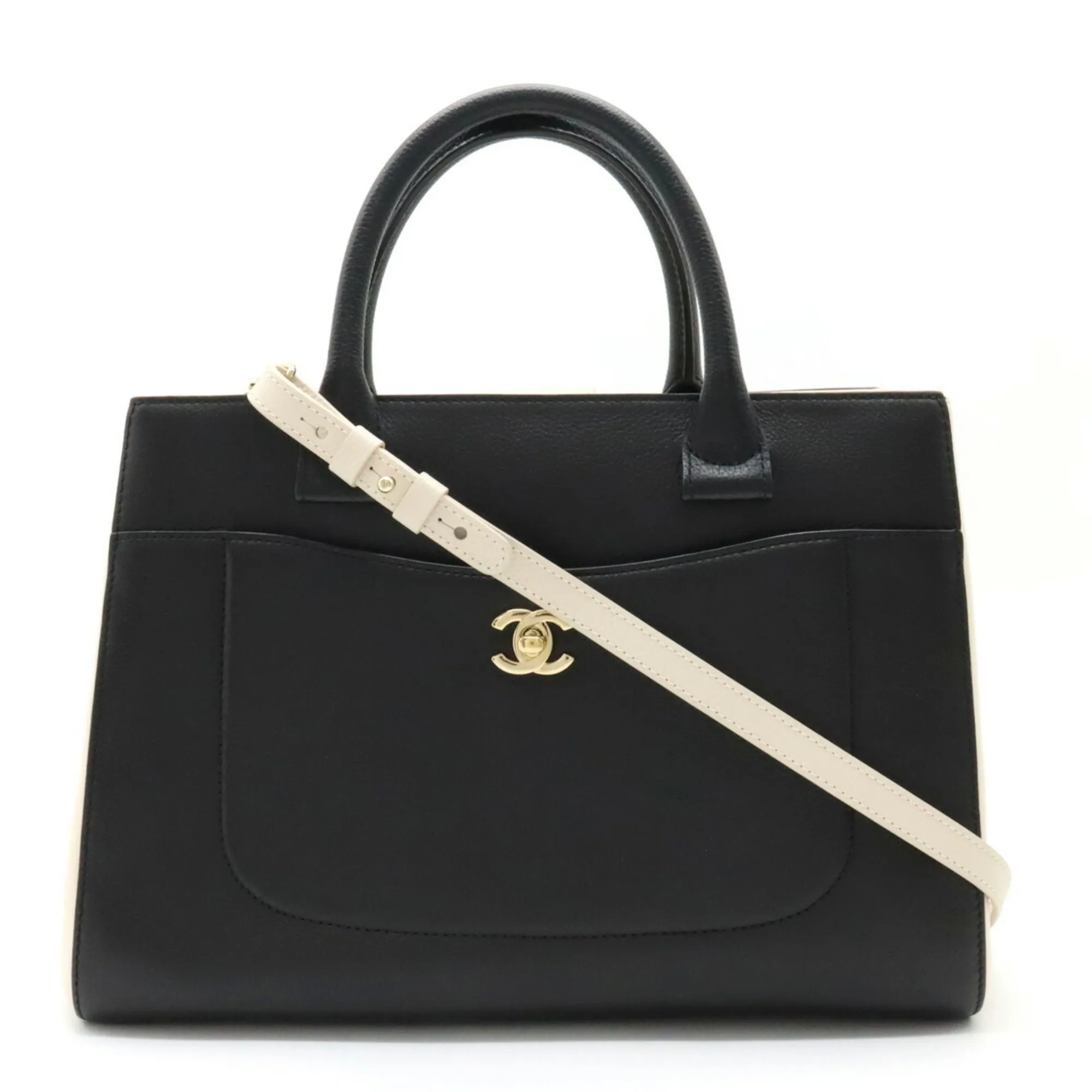 Chanel Neo Executive Line Coco Mark HandBag Shoulder Bag Leather Black Light Beige A69930