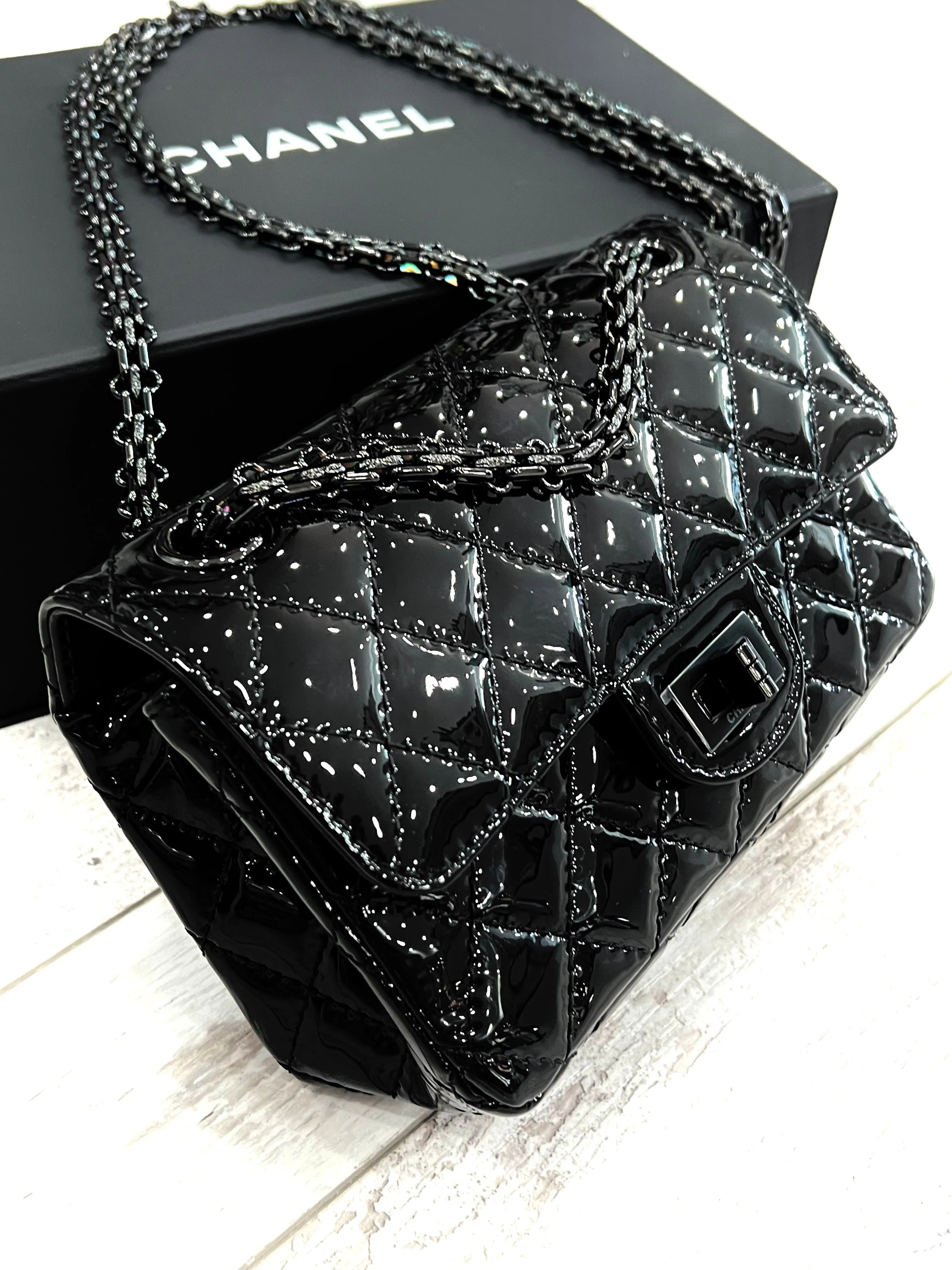 CHANEL QUILTED PATENT LEATHER REISSUE SO BLACK MINI FLAP BAG