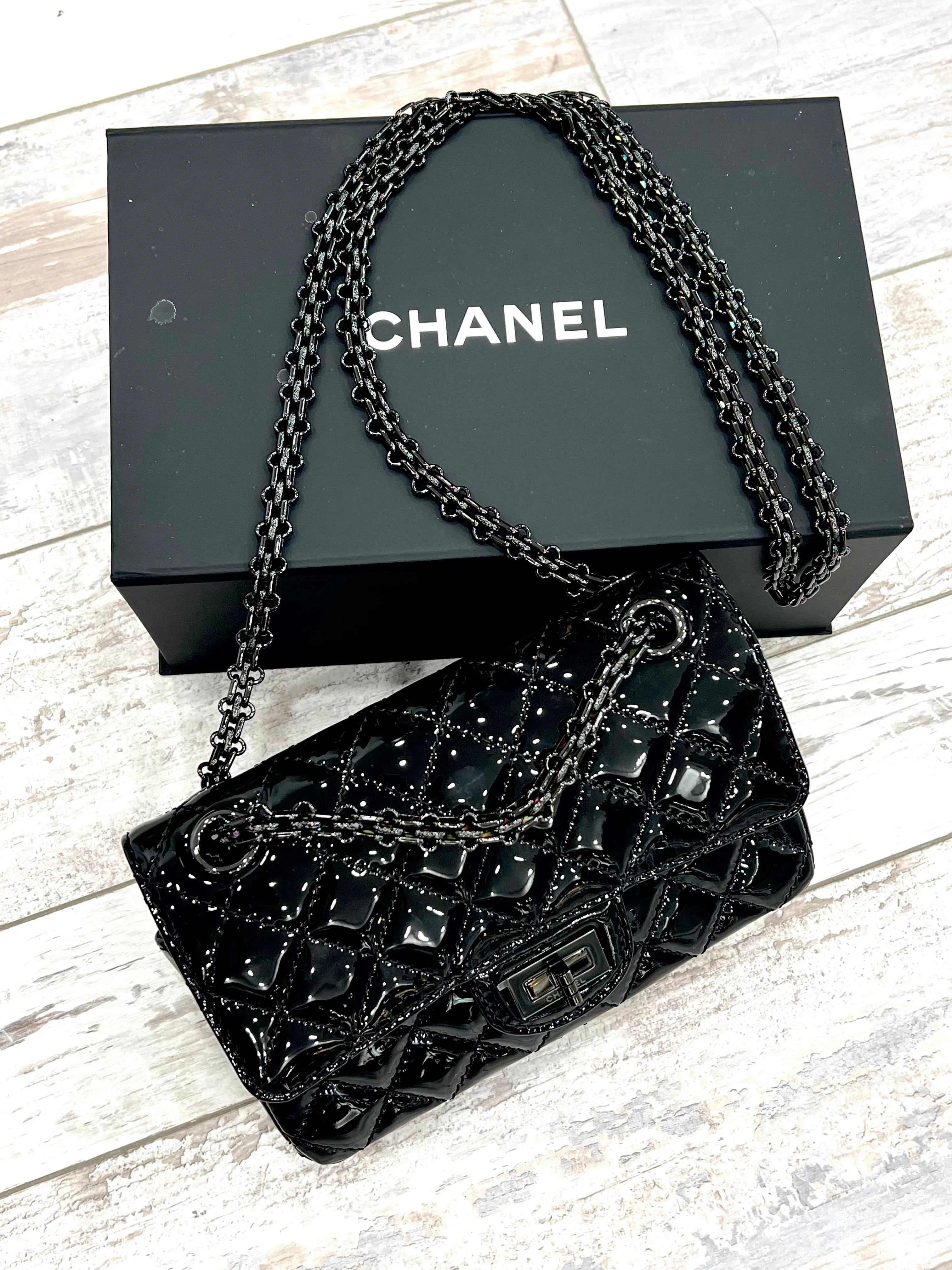 CHANEL QUILTED PATENT LEATHER REISSUE SO BLACK MINI FLAP BAG
