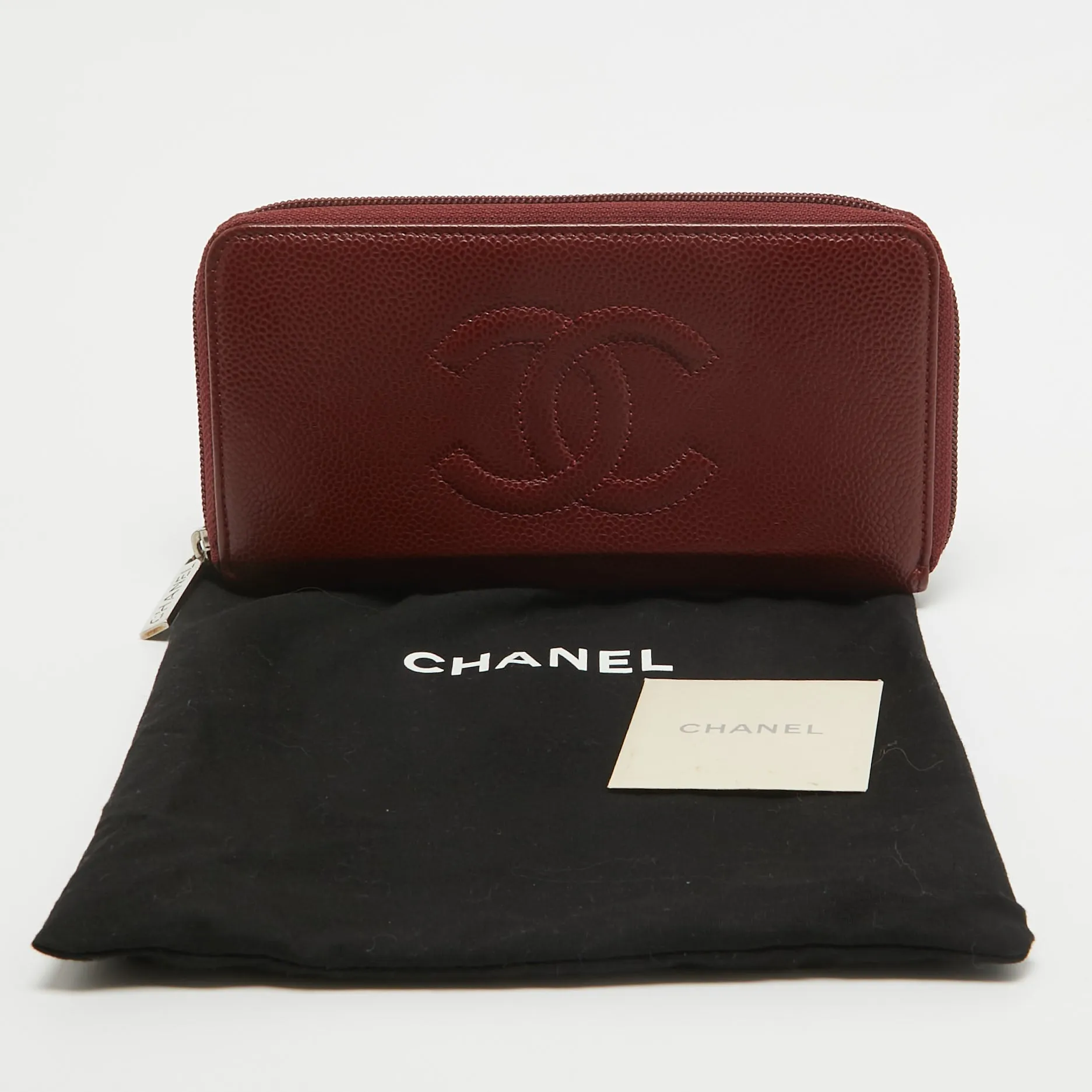 CHANEL Red Caviar Leather CC Timeless Zip Around Wallet
