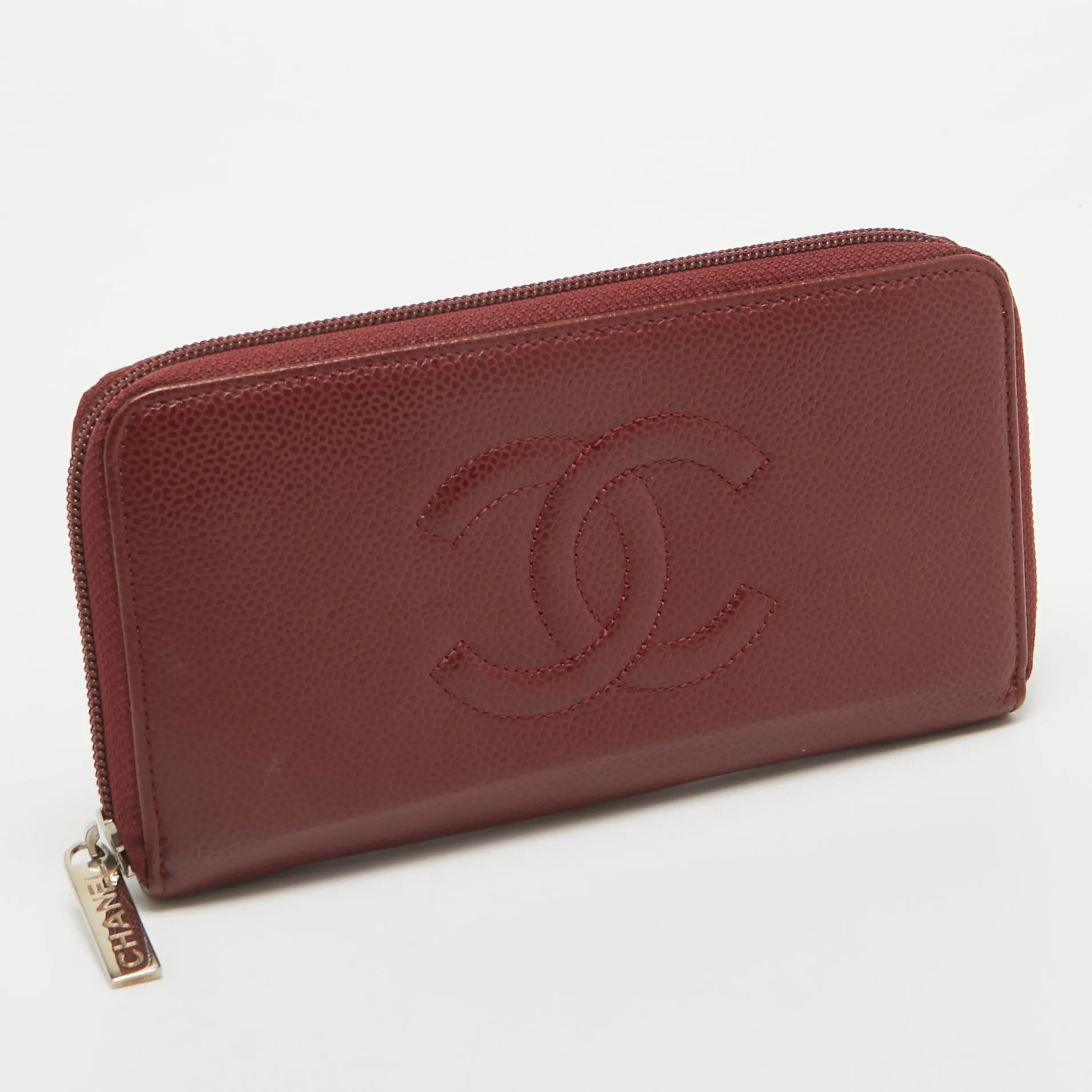 CHANEL Red Caviar Leather CC Timeless Zip Around Wallet