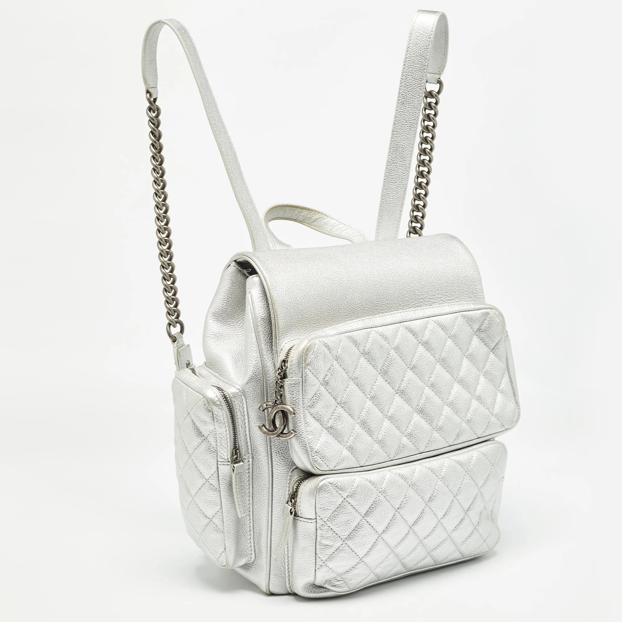 CHANEL Silver Quilted Leather Casual Rock Airline Backpack