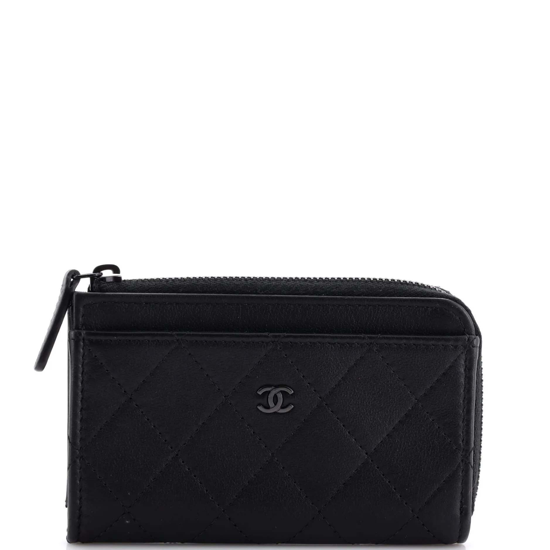 CHANEL So Black Zip Around Card Holder Quilted Lambskin