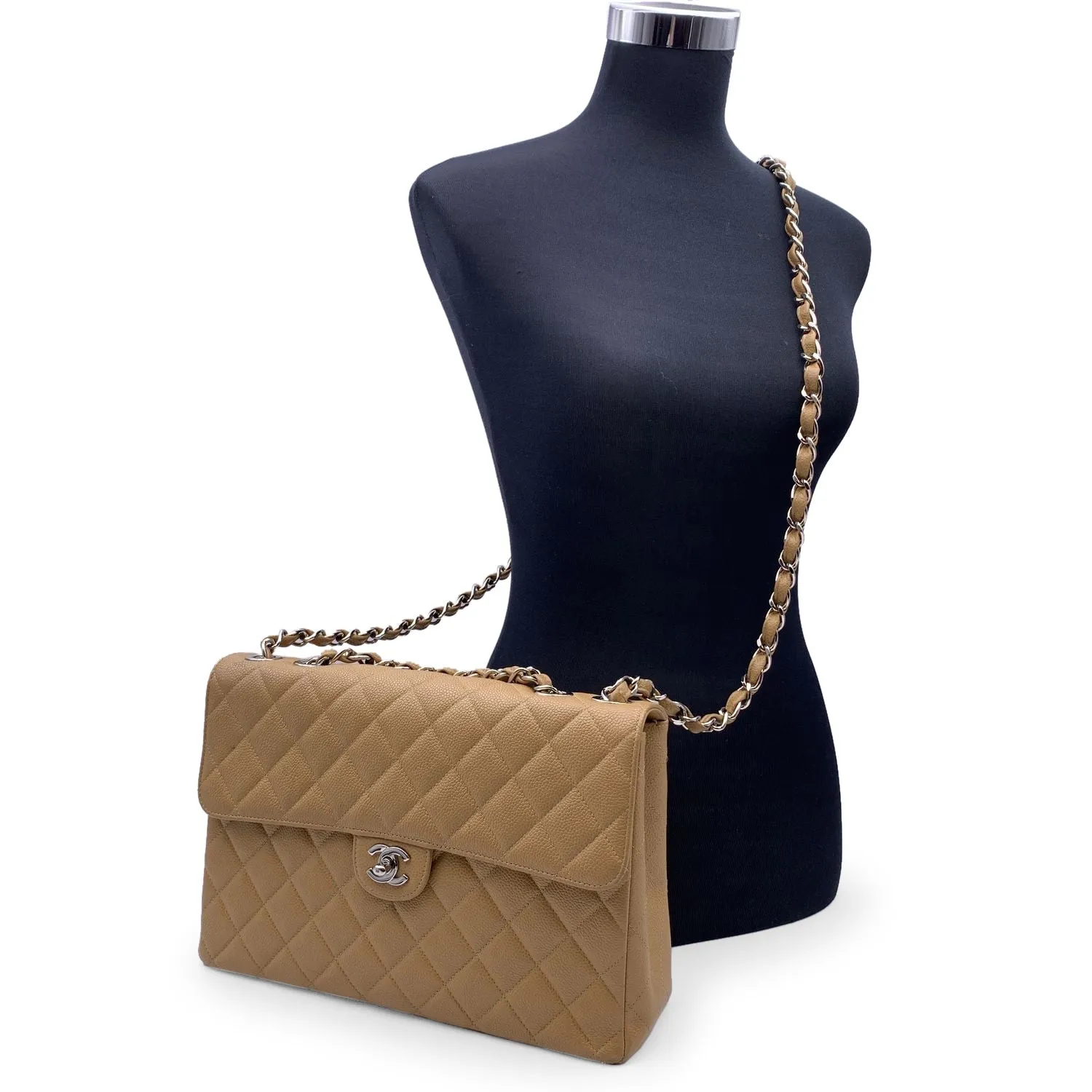 CHANEL Vintage Beige Quilted Caviar Jumbo Timeless Classic New Bag