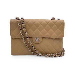 CHANEL Vintage Beige Quilted Caviar Jumbo Timeless Classic New Bag
