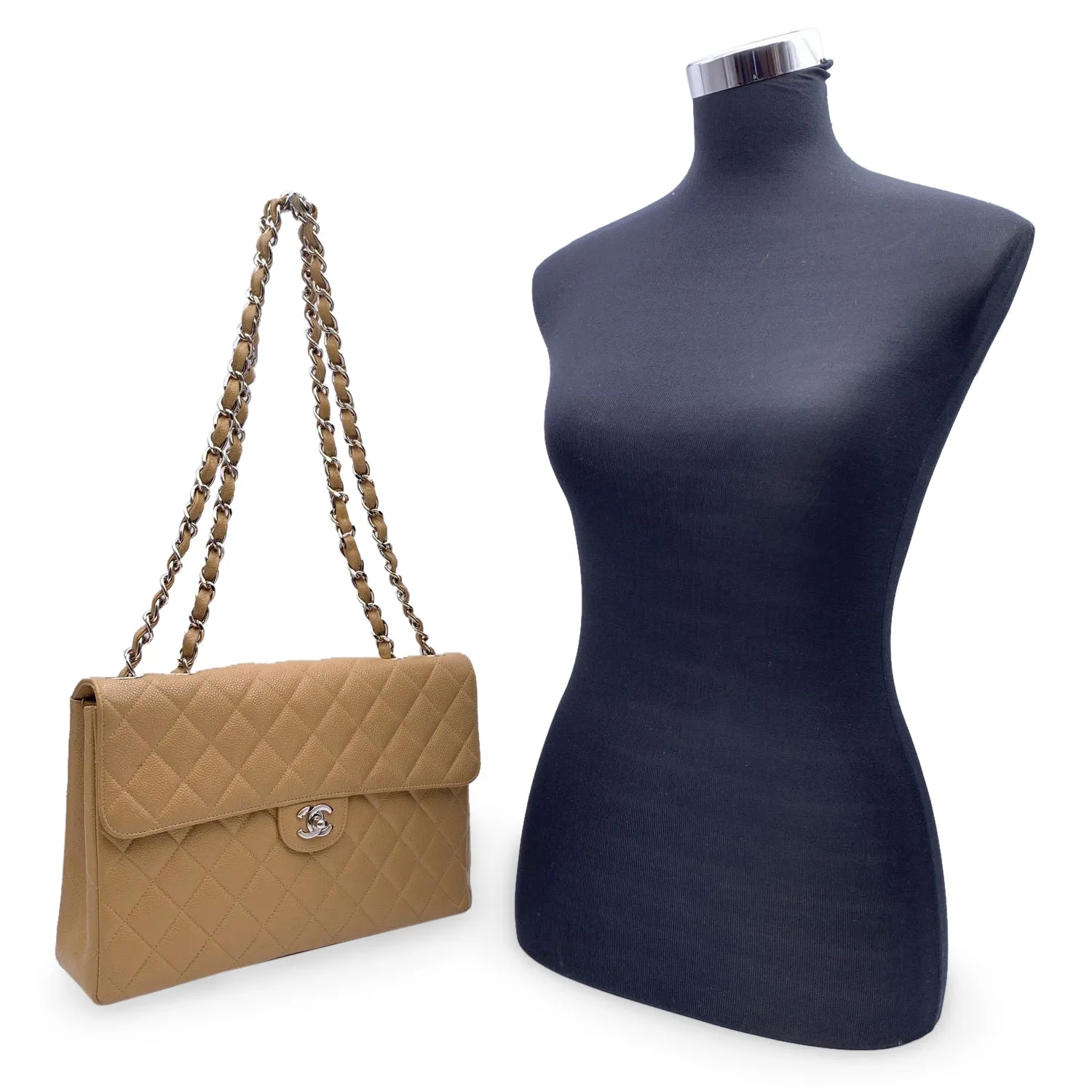 CHANEL Vintage Beige Quilted Caviar Jumbo Timeless Classic New Bag