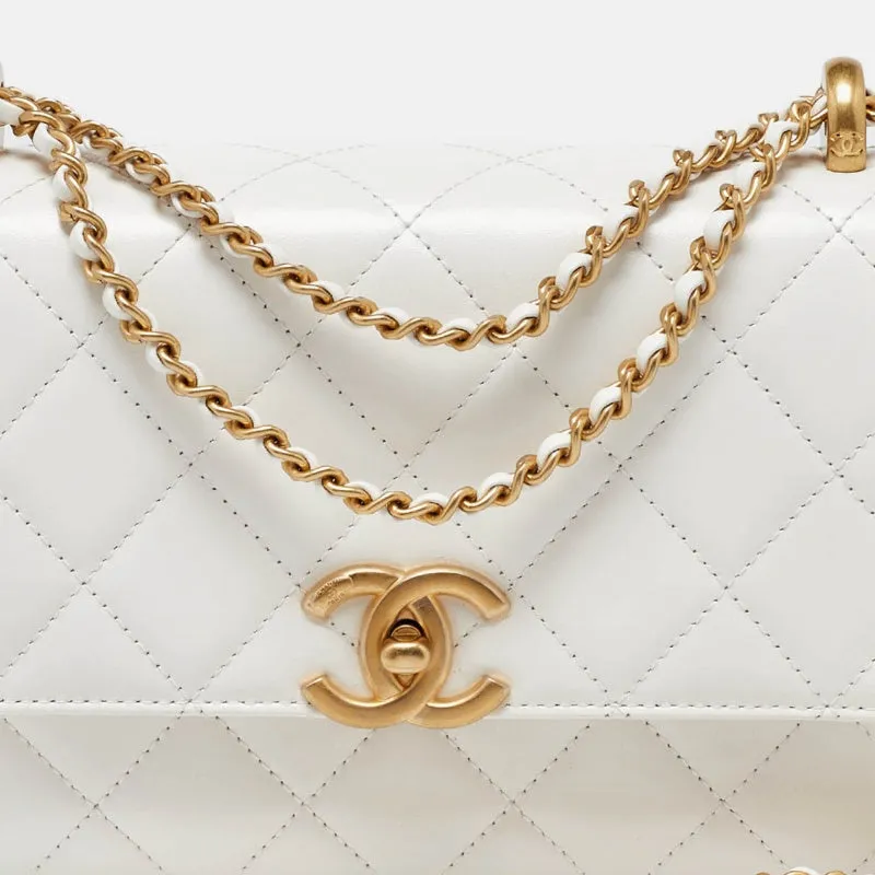 CHANEL White Quilted Leather Small Flap Shoulder Bag