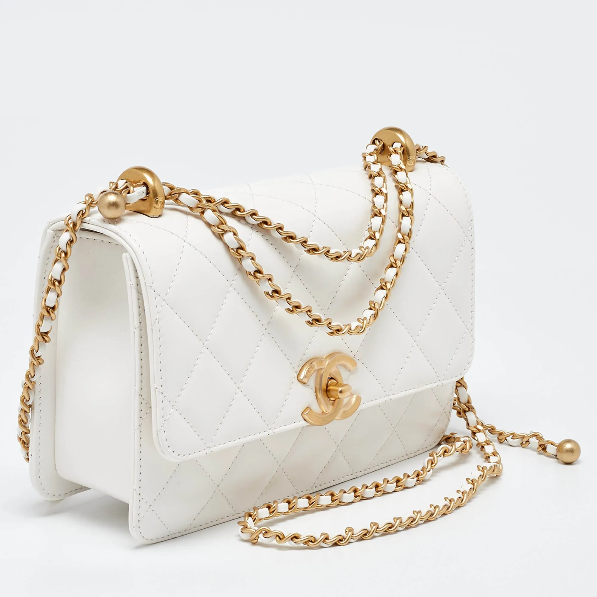 CHANEL White Quilted Leather Small Flap Shoulder Bag