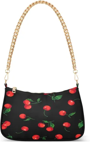Cherry Berry Fruits Black Shoulder Handbags for Women Travel Hobo Tote Handbag Women Gold Chain Shoulder Bags Purse with Zipper Closure