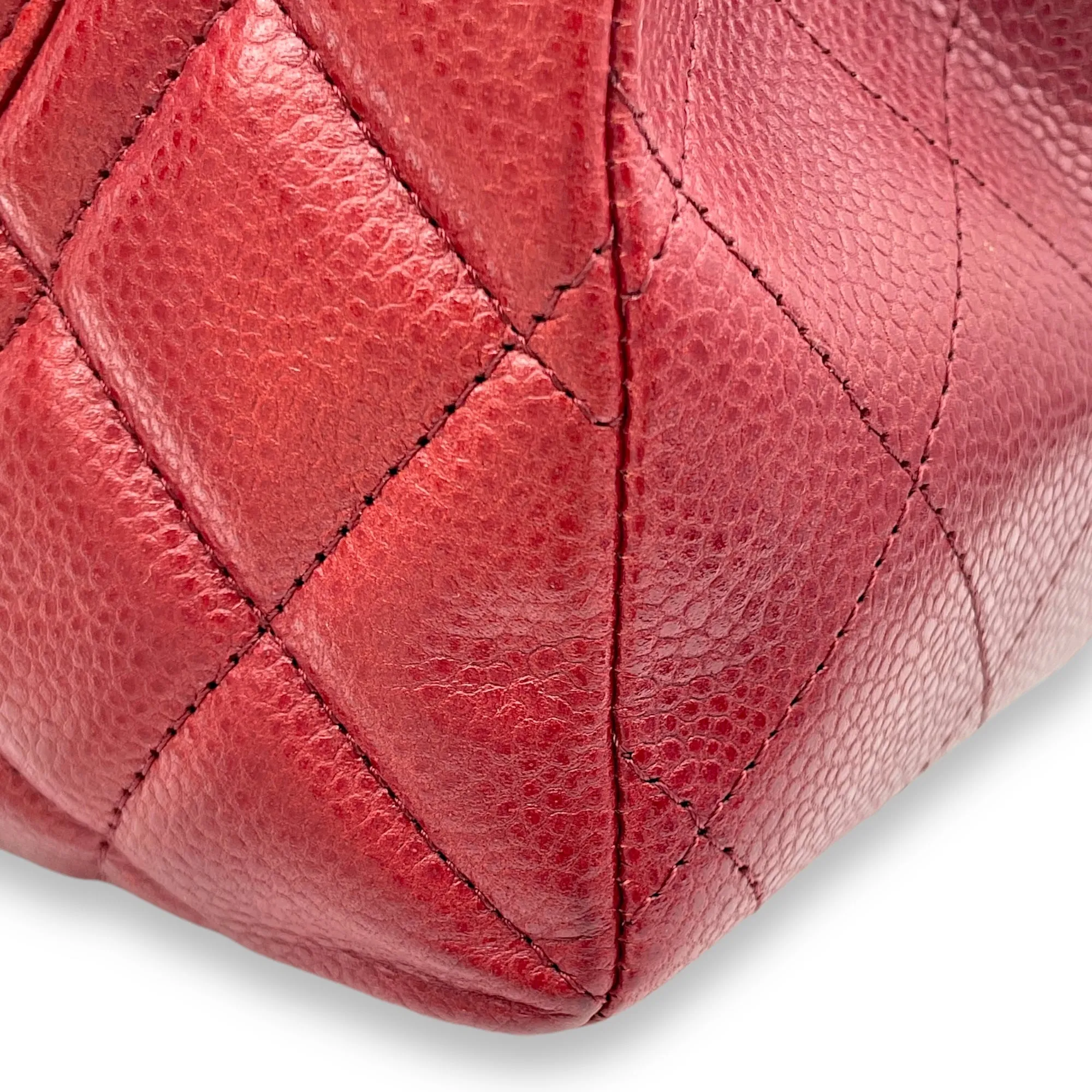 Classic Single Flap Red Shoulder Bag in Caviar Leather, Silver hardware