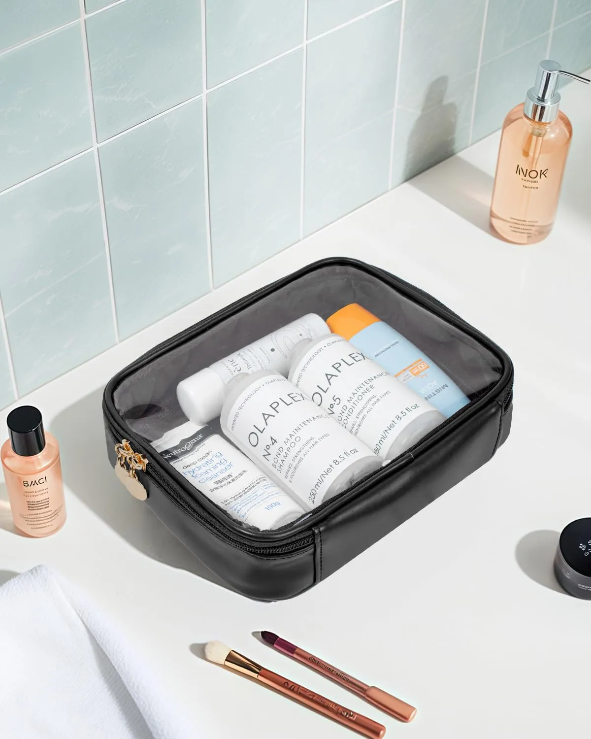 Clear Makeup Bags Large - TSA Approved Clear Toiletry Bag,Travel Makeup Bag Large Clear Cosmetic Bags Travel Accessories Car Essentials Car Organizer for Women Men (Large Black)