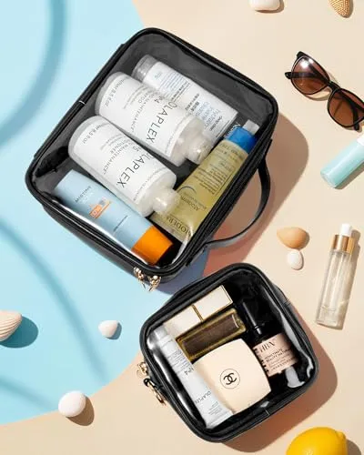 Clear Makeup Bags Set - TSA Approved Toiletry Bag with Handle Large Opening, Clear Toiletry Bags for Traveling Travel Essentials Travel Size Toiletries Car Accessories for Women (Large Mini Black)