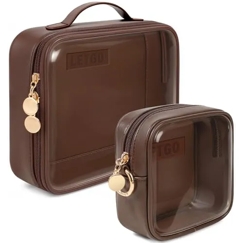 Clear Makeup Bags Set - TSA Approved Toiletry Bag with Handle Large Opening, Clear Toiletry Bags for Traveling Travel Essentials Travel Size Toiletries Car Accessories for Women (Large Mini Chocolate)