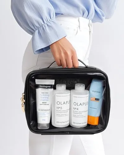 Clear Makeup Bags - TSA Approved Toiletry Bag with Handle Large Opening, Clear Toiletry Bags for Traveling Travel Essentials Travel Size Toiletries Car Accessories for Women (Large Black)