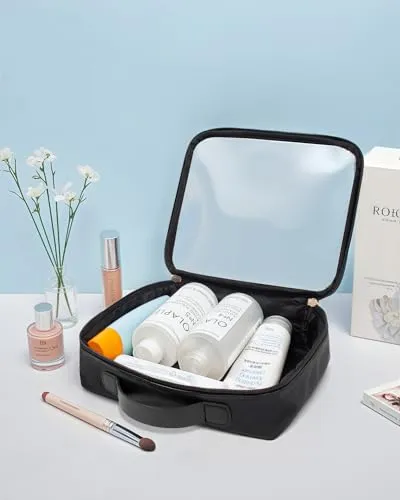 Clear Makeup Bags - TSA Approved Toiletry Bag with Handle Large Opening, Clear Toiletry Bags for Traveling Travel Essentials Travel Size Toiletries Car Accessories for Women (Large Black)