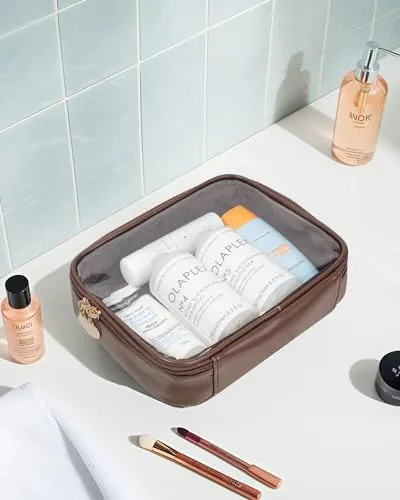 Clear Makeup Bags - TSA Approved Toiletry Bag with Handle Large Opening, Clear Toiletry Bags for Traveling Travel Essentials Travel Size Toiletries Car Accessories for Women (Large Sand)