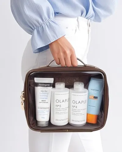 Clear Makeup Bags - TSA Approved Toiletry Bag with Handle Large Opening, Clear Toiletry Bags for Traveling Travel Essentials Travel Size Toiletries Car Accessories for Women (Large Sand)