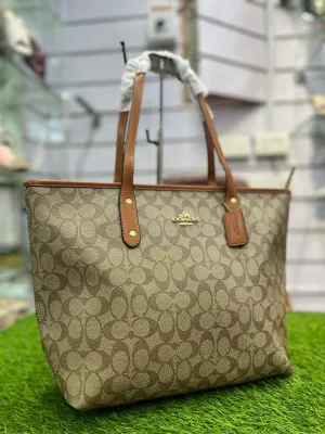 COACH PREMIUM ZIP TOTE BAG SIGNATURE CANVAS - BROWN