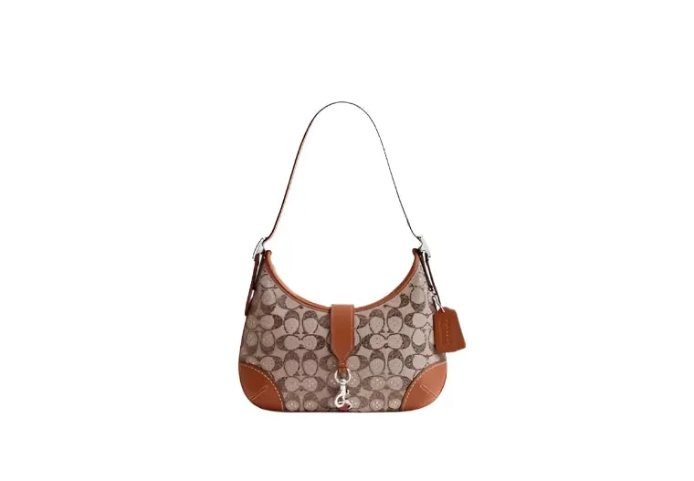 Coach Signature Jacquard Hamptons Hobo Shoulder Handbag with Crystal