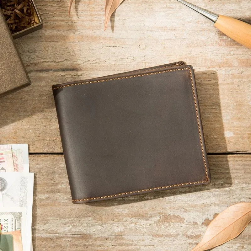 Coffee Cool Leather Mens Slim Small Wallet Bifold Vintage billfold Wallet for Men