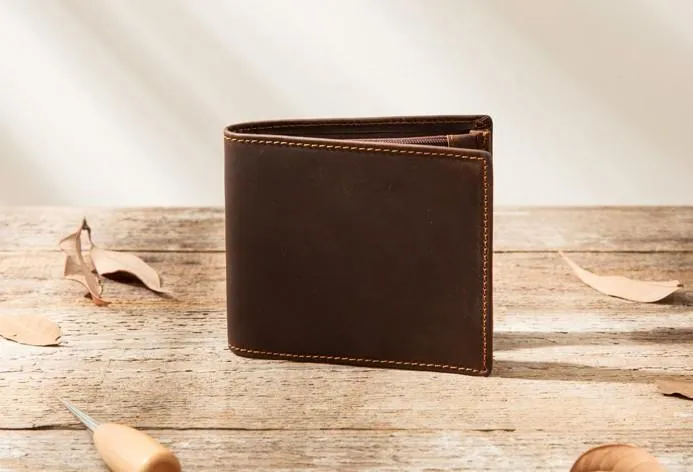 Coffee Cool Leather Mens Slim Small Wallet Bifold Vintage billfold Wallet for Men