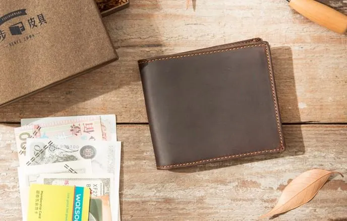 Coffee Cool Leather Mens Slim Small Wallet Bifold Vintage billfold Wallet for Men