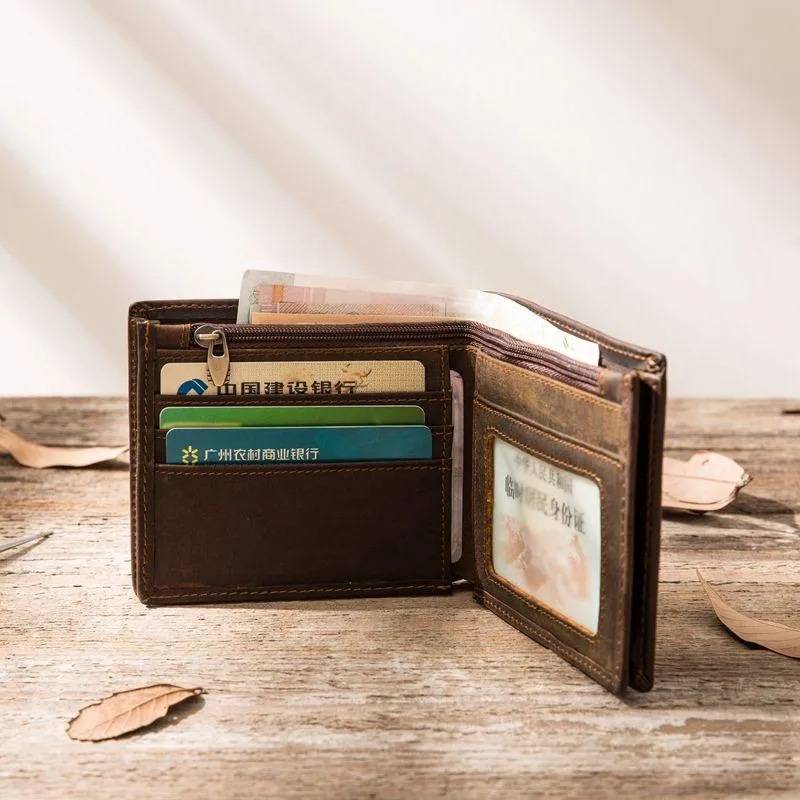Coffee Cool Leather Mens Slim Small Wallet Bifold Vintage billfold Wallet for Men