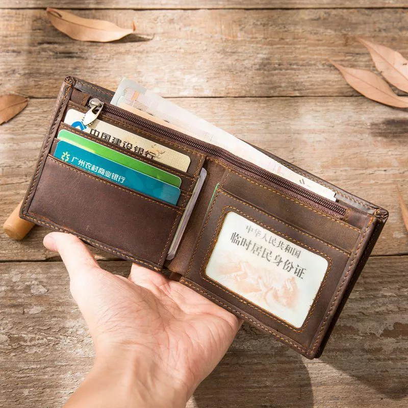 Coffee Cool Leather Mens Slim Small Wallet Bifold Vintage billfold Wallet for Men
