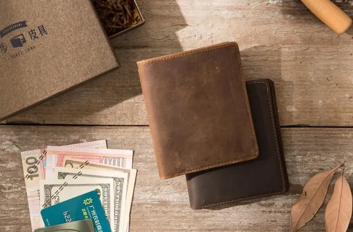 Coffee Cool Leather Mens Small Wallets Bifold Vintage Slim billfold Wallet for Men