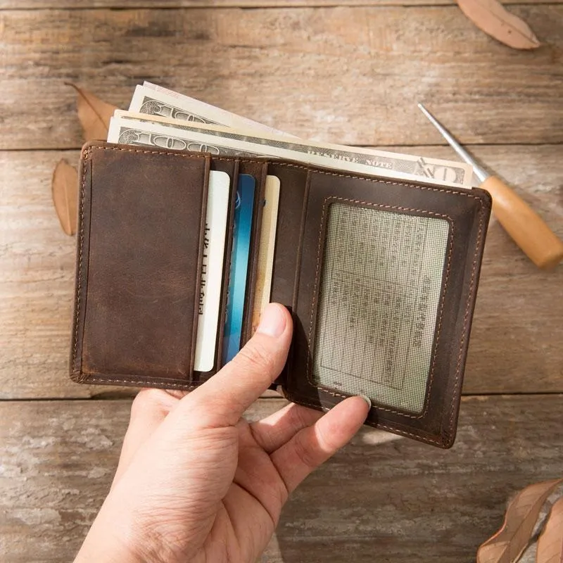 Coffee Cool Leather Mens Small Wallets Bifold Vintage Slim billfold Wallet for Men