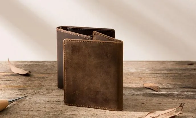 Coffee Cool Leather Mens Small Wallets Bifold Vintage Slim billfold Wallet for Men