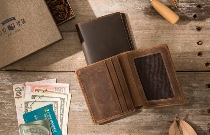 Coffee Cool Leather Mens Small Wallets Bifold Vintage Slim billfold Wallet for Men