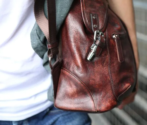 Coffee Leather Mens Backpack Travel Backpack Laptop Backpacks for men