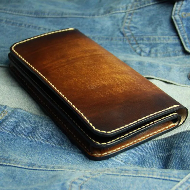 Coffee Vintage Leather Bifold Mens Large Long Wallet Leather Long Wallets for Men