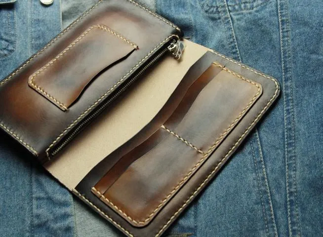 Coffee Vintage Leather Bifold Mens Large Long Wallet Leather Long Wallets for Men