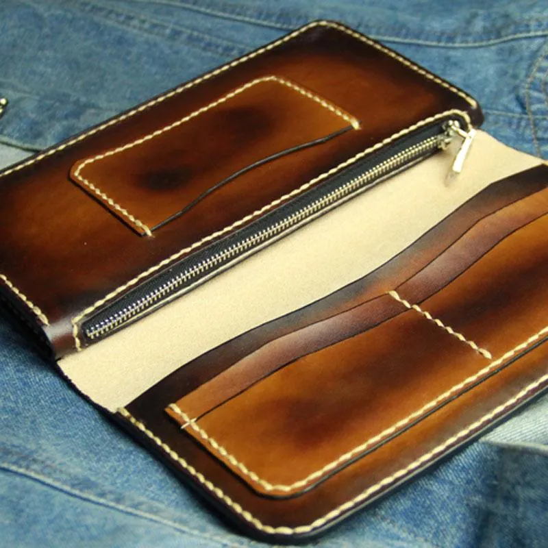 Coffee Vintage Leather Bifold Mens Large Long Wallet Leather Long Wallets for Men