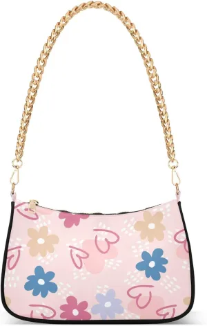 Colorful Flower Heart Shoulder Handbags for Women Travel Hobo Tote Handbag Women Gold Chain Shoulder Bags Purse with Zipper Closure