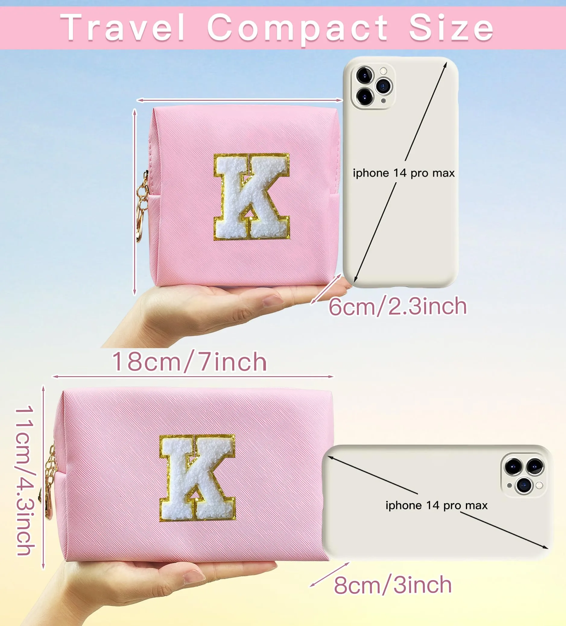 COSHAYSOO Initial Makeup Bag Pack of 2 Small Cosmetic Period Zipper Pouch Sanitary Napkin Storage with Monogram Letter Patch for Dance Teen Girl Nurse Teacher Appreciation Make Up Gift Pink K