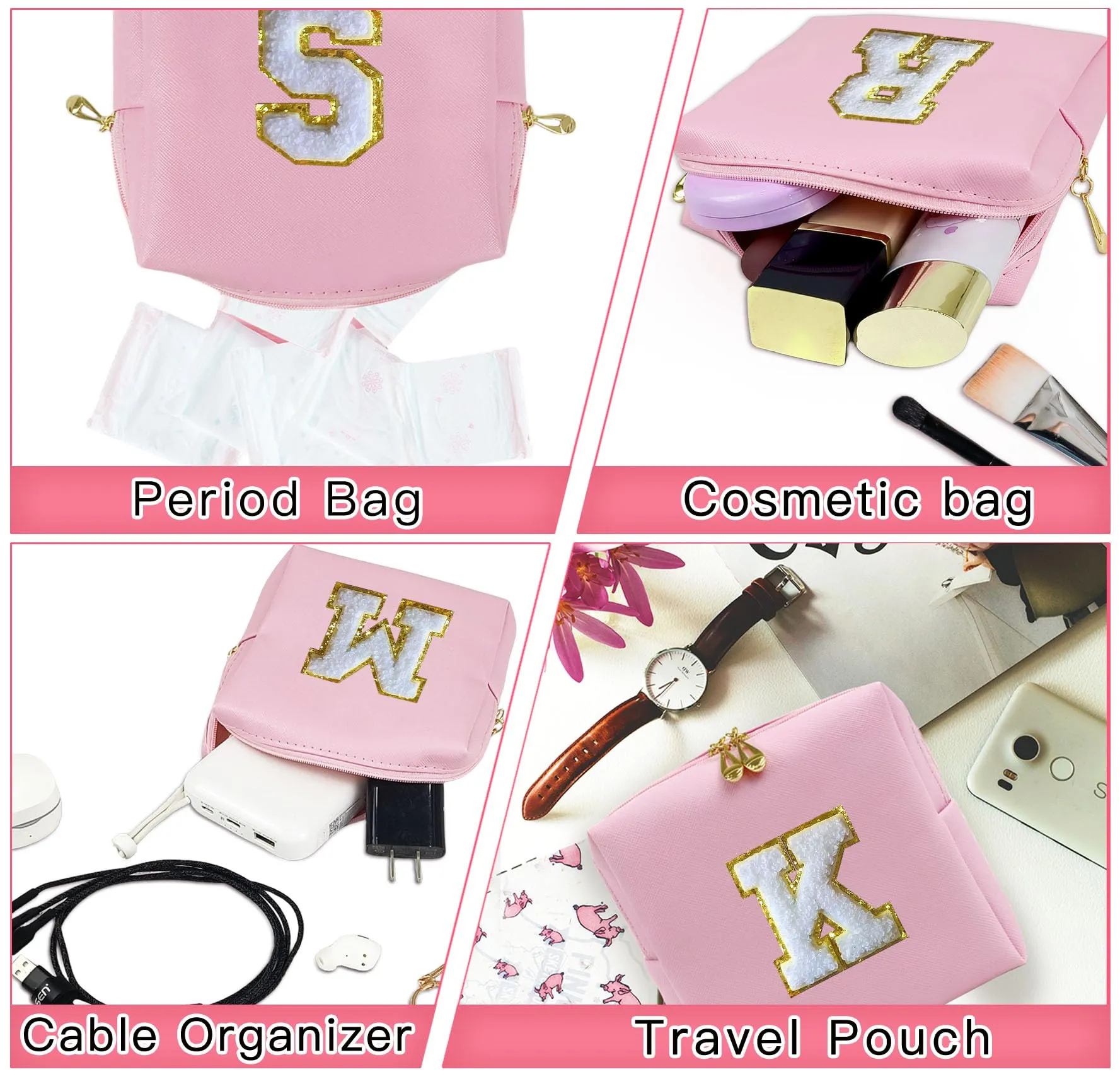 COSHAYSOO Initial Makeup Bag Pack of 2 Small Cosmetic Period Zipper Pouch Sanitary Napkin Storage with Monogram Letter Patch for Dance Teen Girl Nurse Teacher Appreciation Make Up Gift Pink K