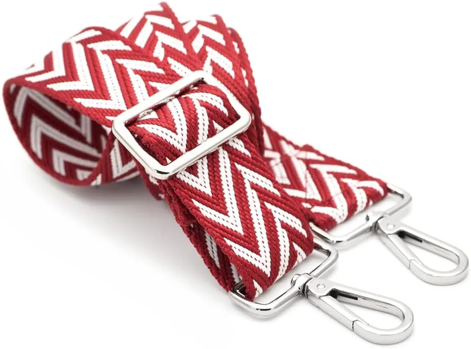 CRAFTMEMORE Shoulder Strap Adjustable Bag Handle Crossbody Nylon Belt Replacement JK03 (Red White, Silver Clasp)