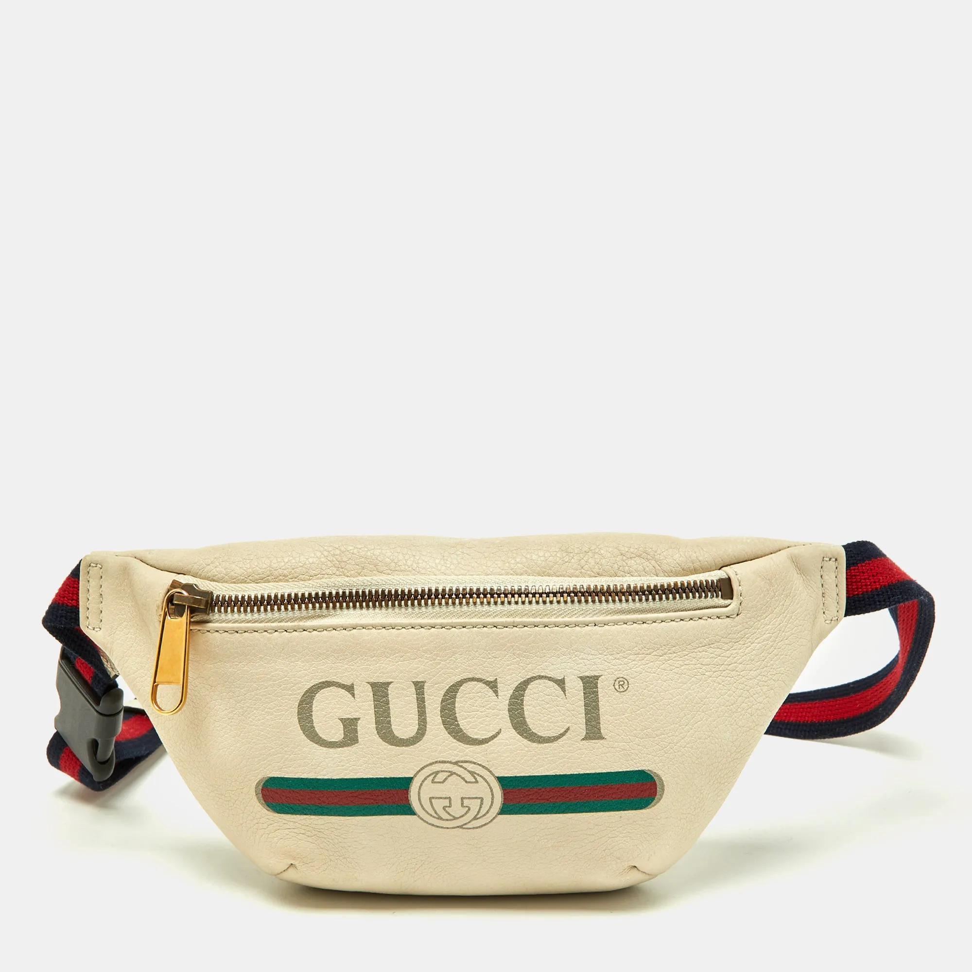 Cream Leather Logo Web Belt Bag