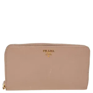 Cream Saffiano Leather Zip Around Wallet