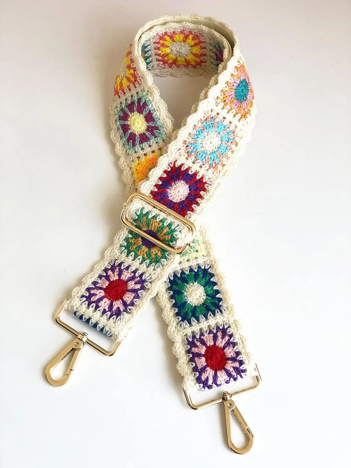 Crochet Flower Purse Straps Replacement Crossbody for Handbags Women Guitar Strap 2 inch Wide Adjustable Bag Strap (White)