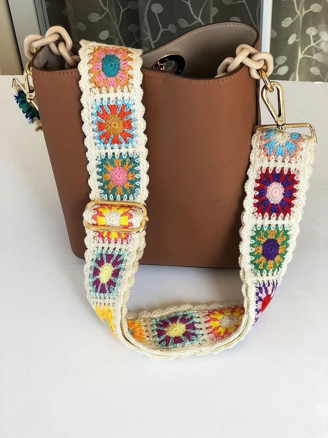 Crochet Flower Purse Straps Replacement Crossbody for Handbags Women Guitar Strap 2 inch Wide Adjustable Bag Strap (White)