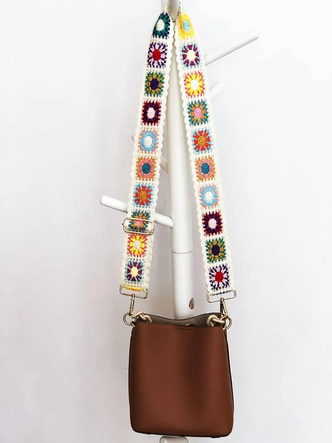 Crochet Flower Purse Straps Replacement Crossbody for Handbags Women Guitar Strap 2 inch Wide Adjustable Bag Strap (White)