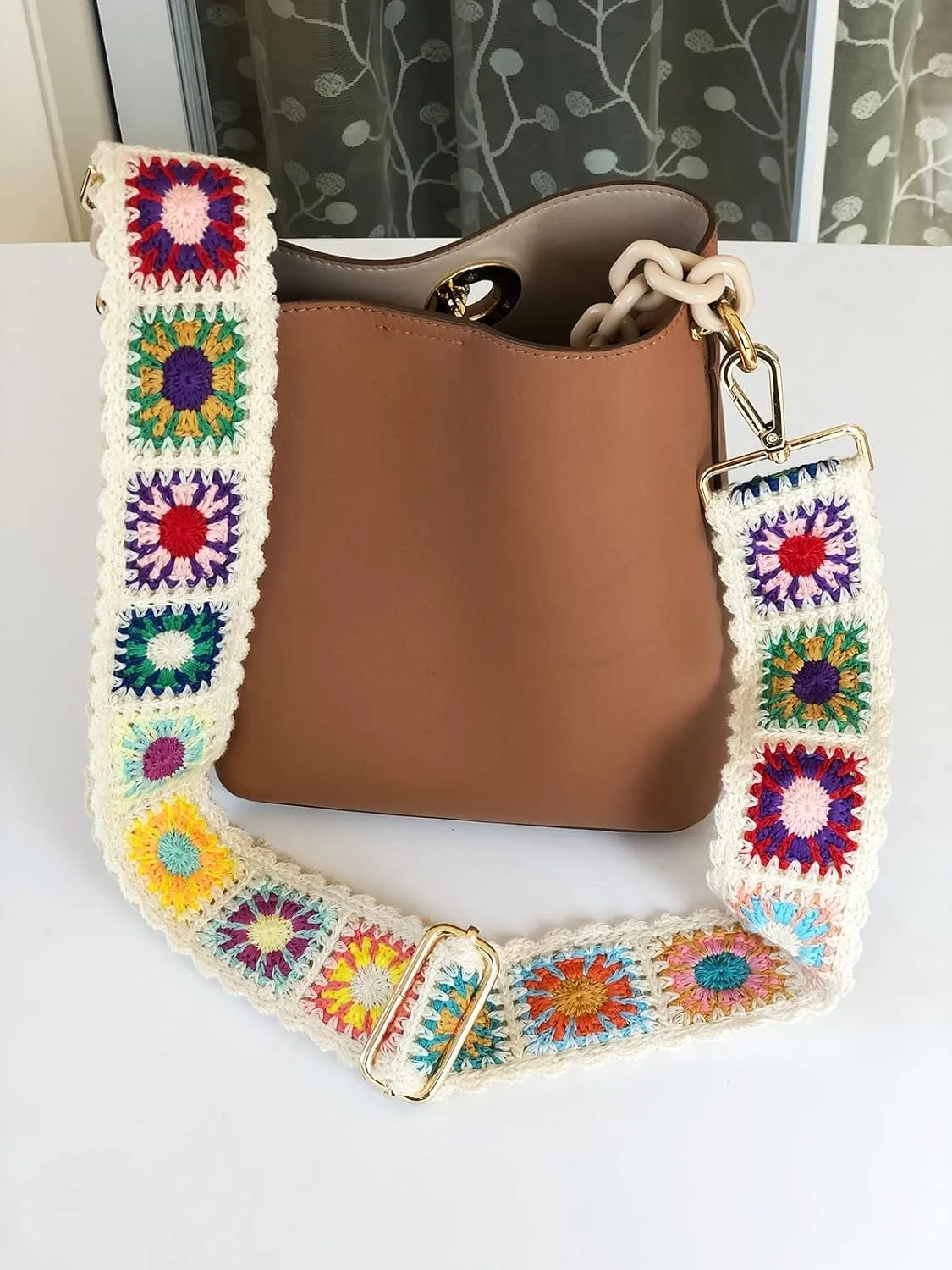 Crochet Flower Purse Straps Replacement Crossbody for Handbags Women Guitar Strap 2 inch Wide Adjustable Bag Strap (White)