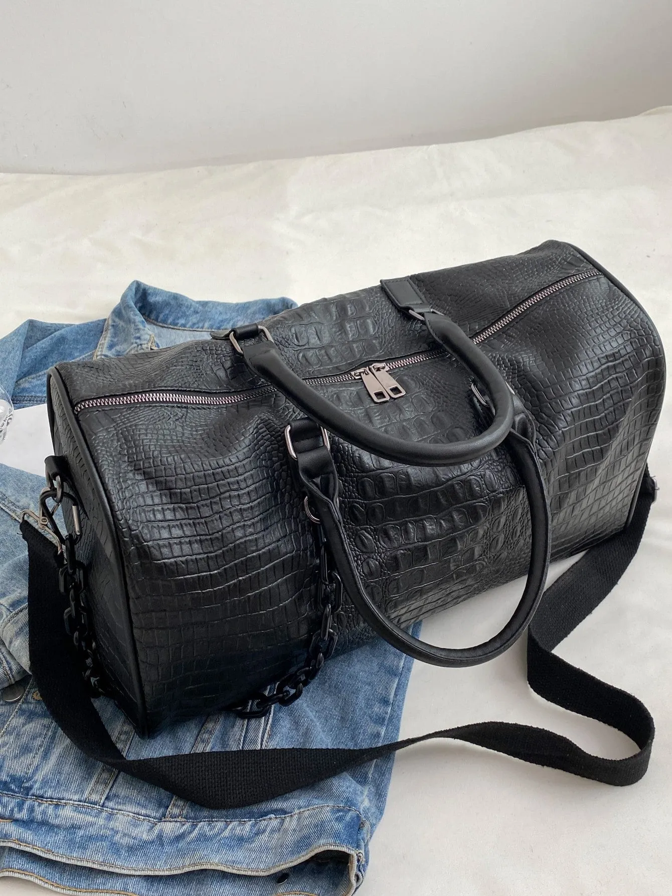 Crocodile Embossed Chain Decor Duffel Bag